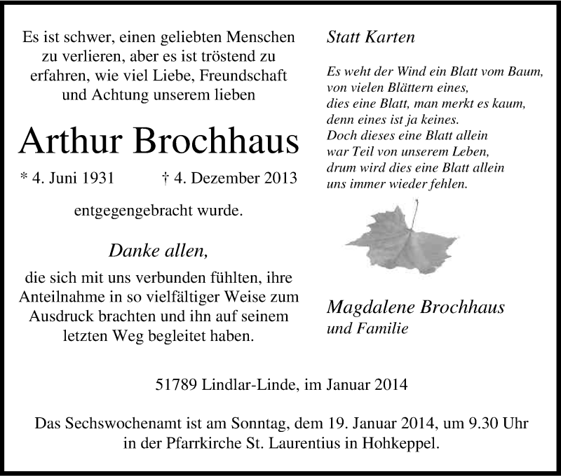  Traueranzeige für Arthur Brochhaus vom 11.01.2014 aus Kölner Stadt-Anzeiger / Kölnische Rundschau / Express