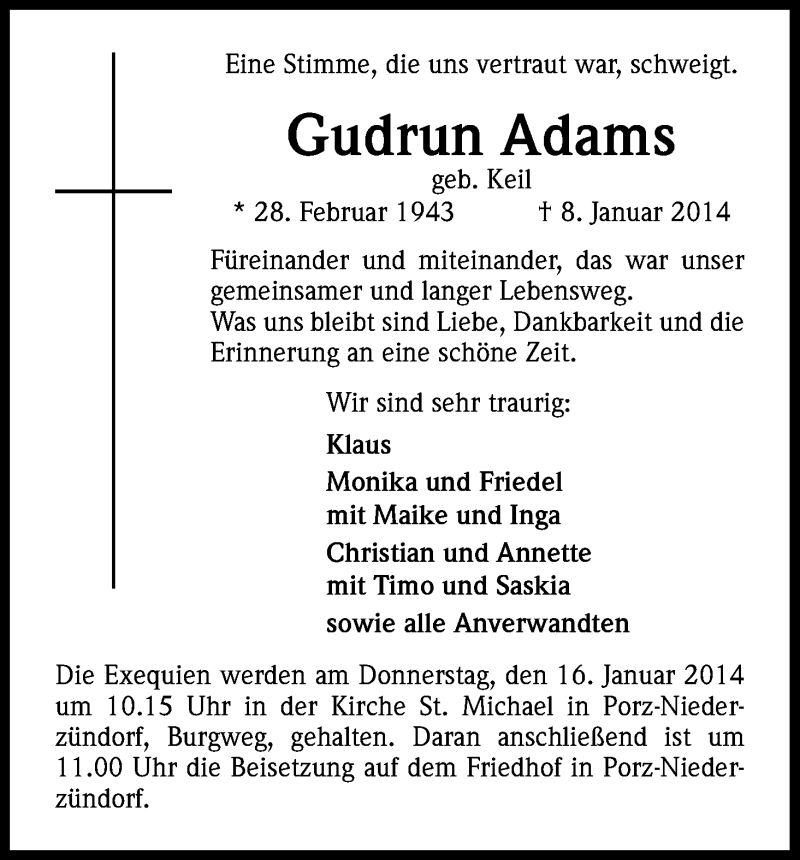  Traueranzeige für Gudrun Adams vom 11.01.2014 aus Kölner Stadt-Anzeiger / Kölnische Rundschau / Express