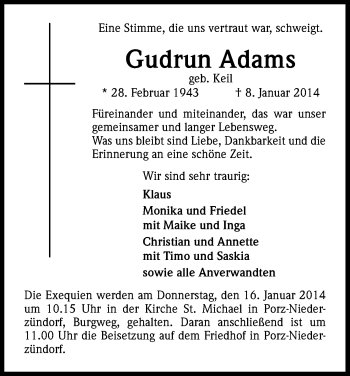 Anzeige von Gudrun Adams von Kölner Stadt-Anzeiger / Kölnische Rundschau / Express