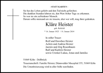 Anzeige von Kläre Heister von Kölner Stadt-Anzeiger / Kölnische Rundschau / Express