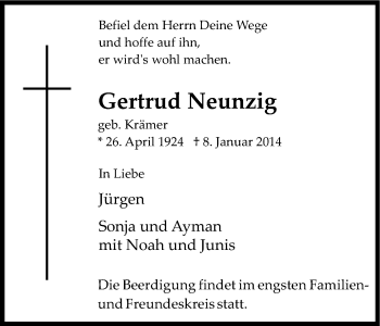Anzeige von Gertrud Neunzig von Kölner Stadt-Anzeiger / Kölnische Rundschau / Express