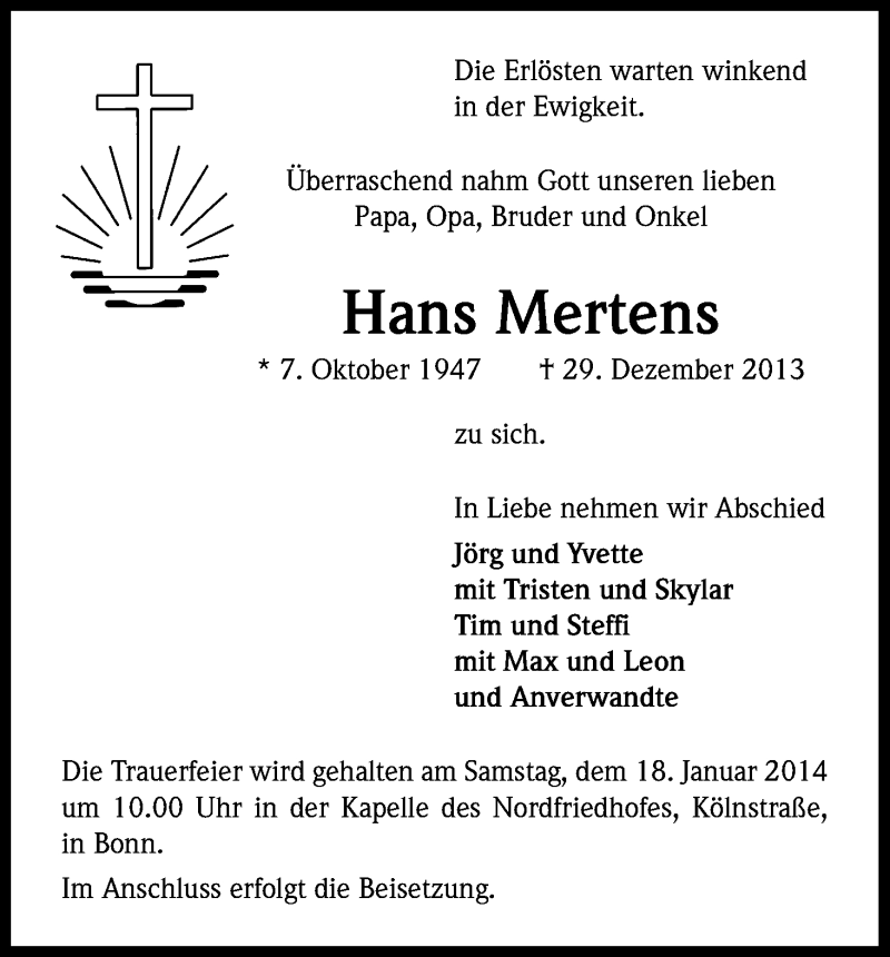  Traueranzeige für Hans Mertens vom 11.01.2014 aus Kölner Stadt-Anzeiger / Kölnische Rundschau / Express