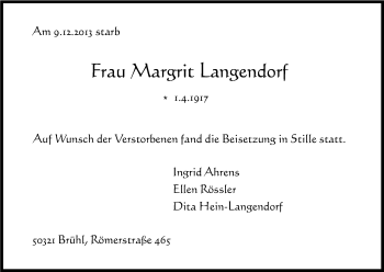 Anzeige von Margit Langendorf von Kölner Stadt-Anzeiger / Kölnische Rundschau / Express