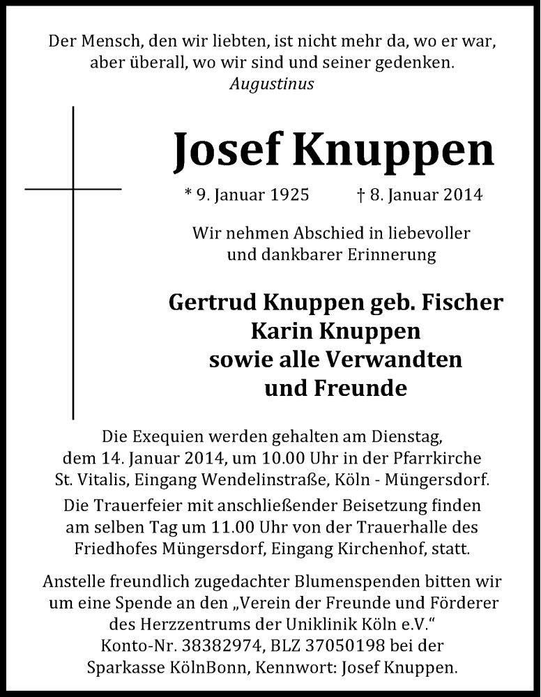 Traueranzeige für Josef Knuppen vom 11.01.2014 aus Kölner Stadt-Anzeiger / Kölnische Rundschau / Express