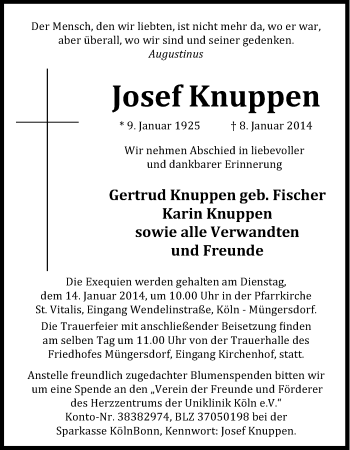 Anzeige von Josef Knuppen von Kölner Stadt-Anzeiger / Kölnische Rundschau / Express