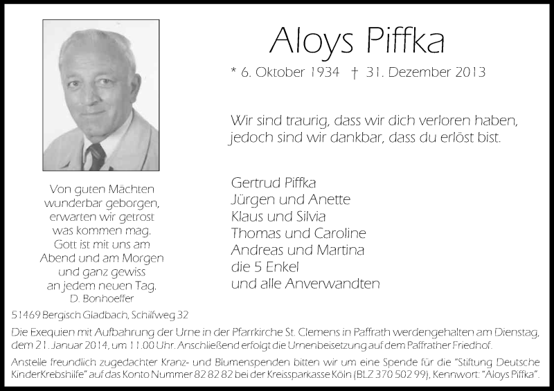  Traueranzeige für Aloys Piffka vom 11.01.2014 aus Kölner Stadt-Anzeiger / Kölnische Rundschau / Express