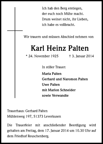 Anzeige von Karl Heinz Palten von Kölner Stadt-Anzeiger / Kölnische Rundschau / Express