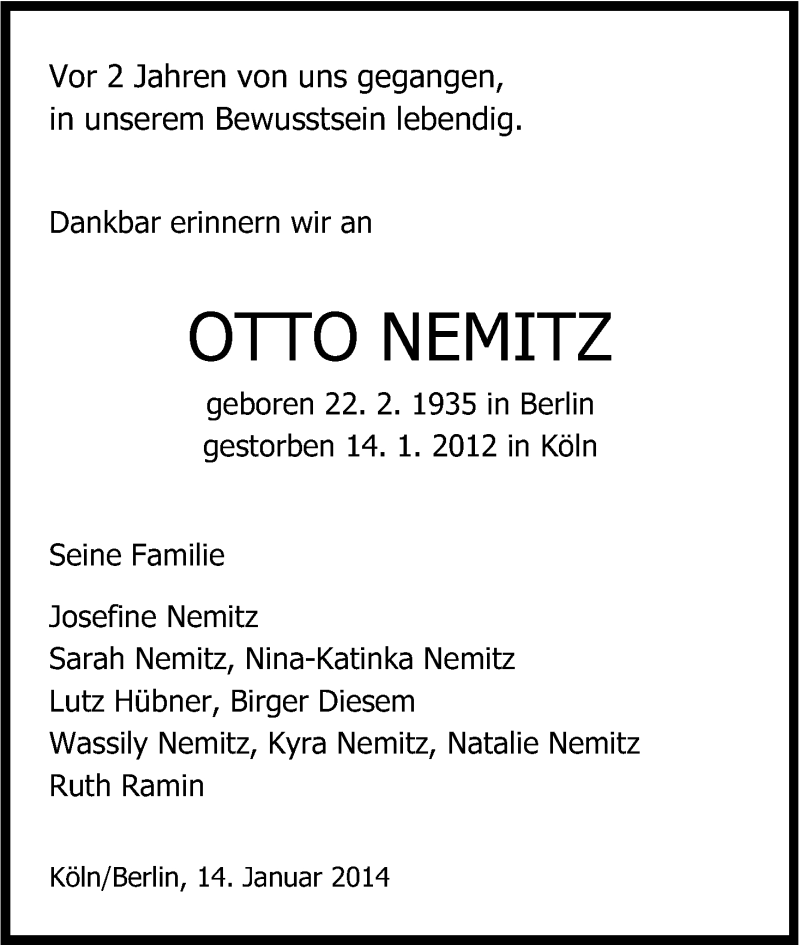  Traueranzeige für Otto Nemitz vom 14.01.2014 aus Kölner Stadt-Anzeiger / Kölnische Rundschau / Express
