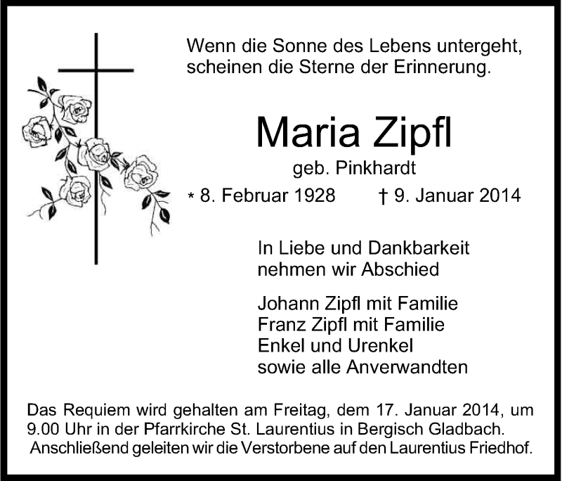  Traueranzeige für Maria Zipf vom 14.01.2014 aus Kölner Stadt-Anzeiger / Kölnische Rundschau / Express