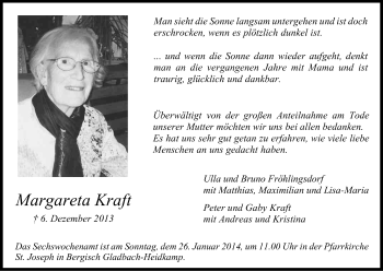 Anzeige von Margarete Kraft von Kölner Stadt-Anzeiger / Kölnische Rundschau / Express