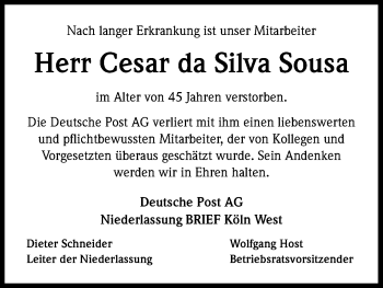 Anzeige von Cesar da Silva Sousa von Kölner Stadt-Anzeiger / Kölnische Rundschau / Express