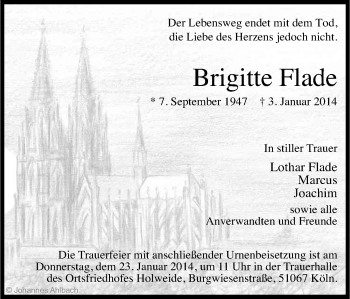 Anzeige von Brigitte Flade von Kölner Stadt-Anzeiger / Kölnische Rundschau / Express