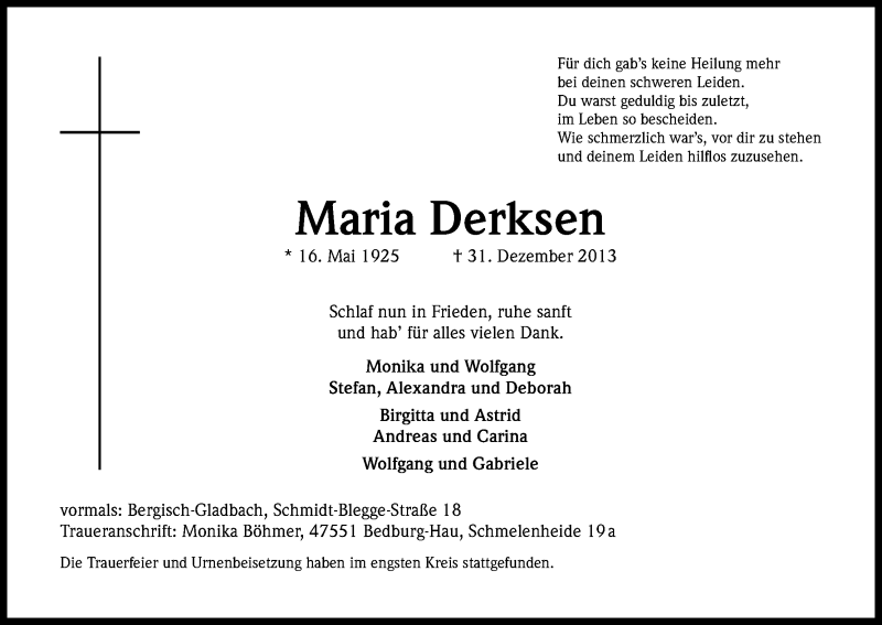  Traueranzeige für Maria Derksen vom 14.01.2014 aus Kölner Stadt-Anzeiger / Kölnische Rundschau / Express