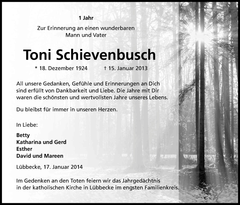  Traueranzeige für Toni Schievenbusch vom 17.01.2014 aus Kölner Stadt-Anzeiger / Kölnische Rundschau / Express