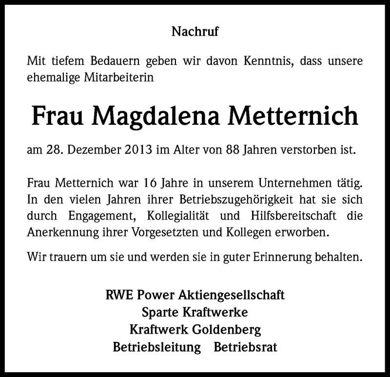  Traueranzeige für Magdalena Metternich vom 15.01.2014 aus Kölner Stadt-Anzeiger / Kölnische Rundschau / Express