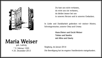 Anzeige von Maria Weiser von Kölner Stadt-Anzeiger / Kölnische Rundschau / Express