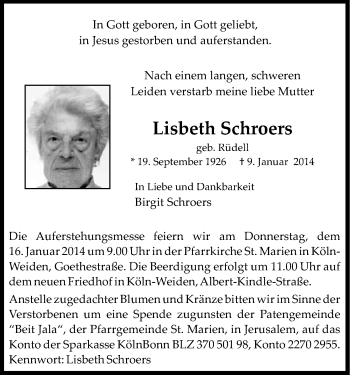 Anzeige von Elisabeth Schroers von Kölner Stadt-Anzeiger / Kölnische Rundschau / Express