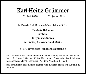 Anzeige von Karl-Heinz Grümmer von Kölner Stadt-Anzeiger / Kölnische Rundschau / Express