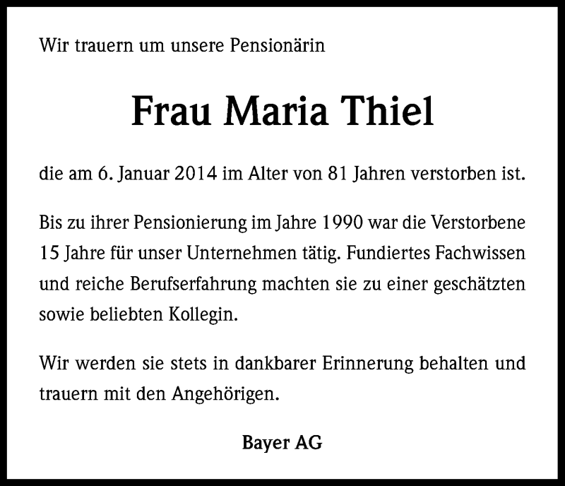  Traueranzeige für Maria Thiel vom 11.01.2014 aus Kölner Stadt-Anzeiger / Kölnische Rundschau / Express