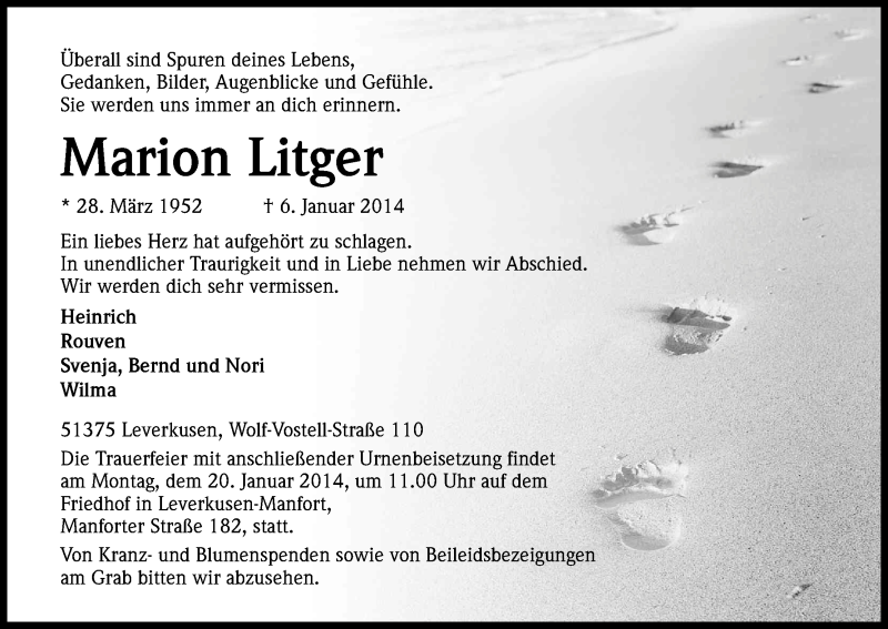  Traueranzeige für Marion Litger vom 11.01.2014 aus Kölner Stadt-Anzeiger / Kölnische Rundschau / Express