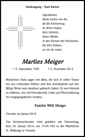 Anzeige von Marlies Meiger von Kölner Stadt-Anzeiger / Kölnische Rundschau / Express