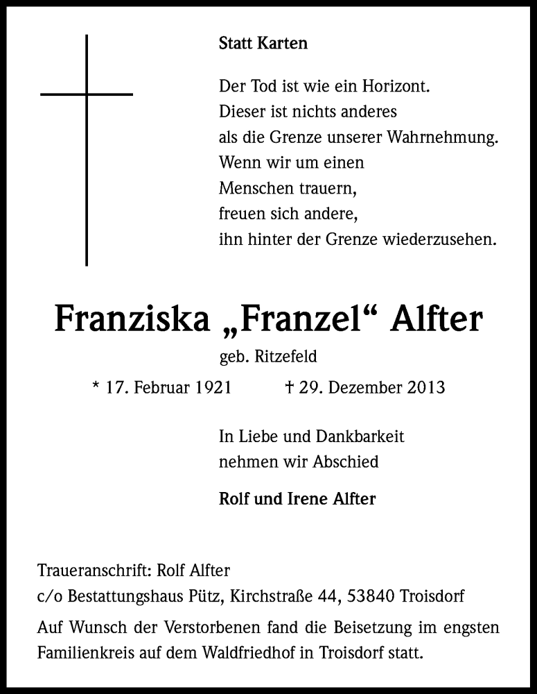 Traueranzeige für Franziska Alfter vom 18.01.2014 aus Kölner Stadt-Anzeiger / Kölnische Rundschau / Express