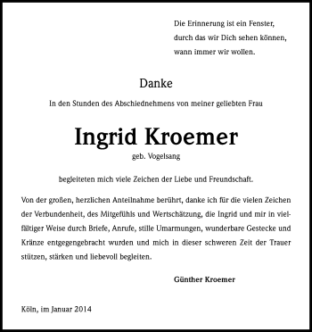 Anzeige von Ingrid Kroemer von Kölner Stadt-Anzeiger / Kölnische Rundschau / Express