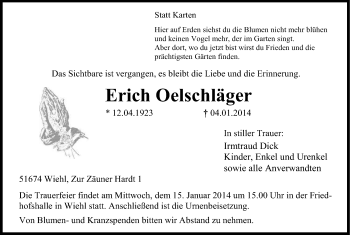 Anzeige von Erich Oelschläger von Kölner Stadt-Anzeiger / Kölnische Rundschau / Express