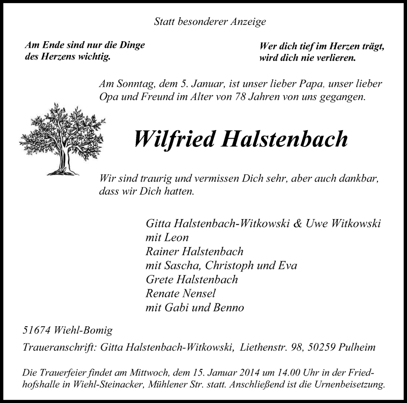  Traueranzeige für Wilfried Halsterbach vom 11.01.2014 aus Kölner Stadt-Anzeiger / Kölnische Rundschau / Express