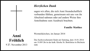 Anzeige von Anni Fröhlich von Kölner Stadt-Anzeiger / Kölnische Rundschau / Express