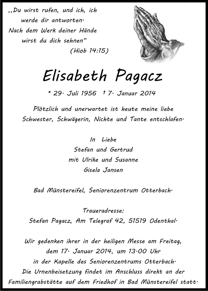  Traueranzeige für Elisabeth Pagacz vom 11.01.2014 aus Kölner Stadt-Anzeiger / Kölnische Rundschau / Express