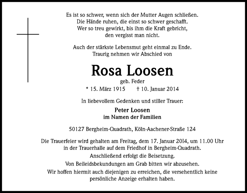  Traueranzeige für Rosa Loosen vom 11.01.2014 aus Kölner Stadt-Anzeiger / Kölnische Rundschau / Express