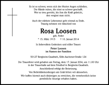Anzeige von Rosa Loosen von Kölner Stadt-Anzeiger / Kölnische Rundschau / Express