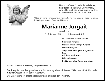 Anzeige von Marianne Jurgait von Kölner Stadt-Anzeiger / Kölnische Rundschau / Express