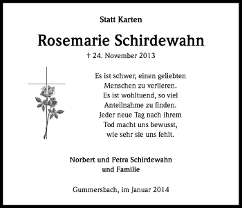 Anzeige von Rosemarie Schirdewahn von Kölner Stadt-Anzeiger / Kölnische Rundschau / Express