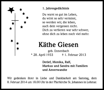 Anzeige von Käthe Giesen von Kölner Stadt-Anzeiger / Kölnische Rundschau / Express