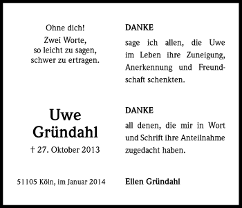 Anzeige von Uwe Gründahl von Kölner Stadt-Anzeiger / Kölnische Rundschau / Express
