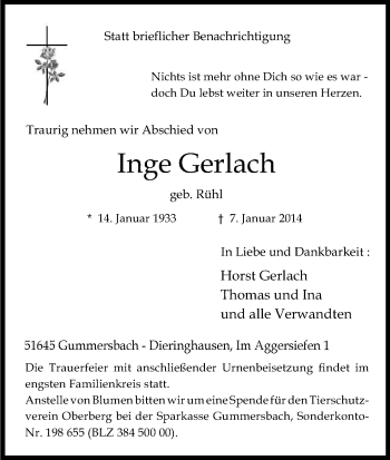 Anzeige von Inge Gerlach von Kölner Stadt-Anzeiger / Kölnische Rundschau / Express