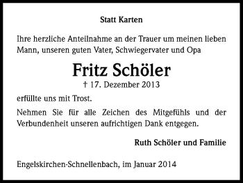 Anzeige von Fritz Schöler von Kölner Stadt-Anzeiger / Kölnische Rundschau / Express
