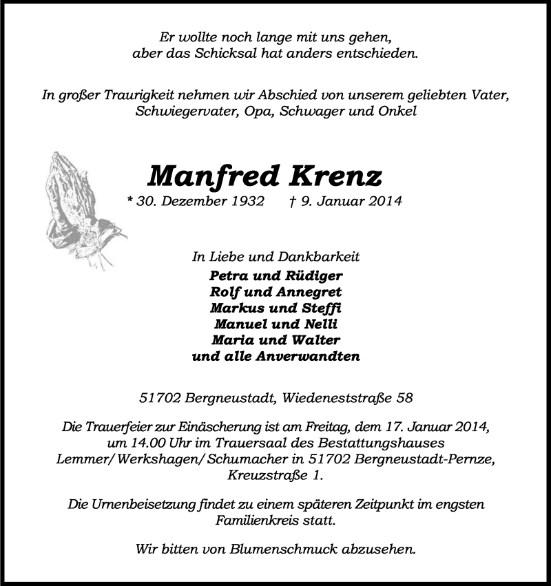  Traueranzeige für Manfred Krenz vom 13.01.2014 aus Kölner Stadt-Anzeiger / Kölnische Rundschau / Express
