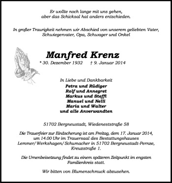 Anzeige von Manfred Krenz von Kölner Stadt-Anzeiger / Kölnische Rundschau / Express