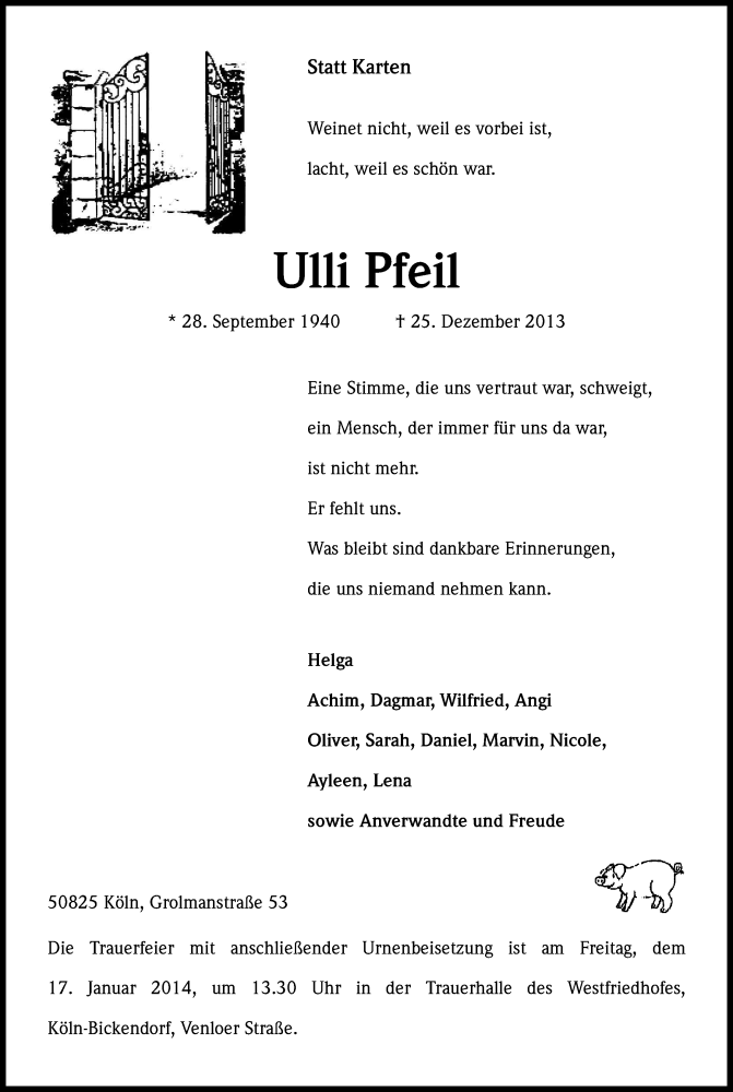  Traueranzeige für Ulli Pfeil vom 15.01.2014 aus Kölner Stadt-Anzeiger / Kölnische Rundschau / Express