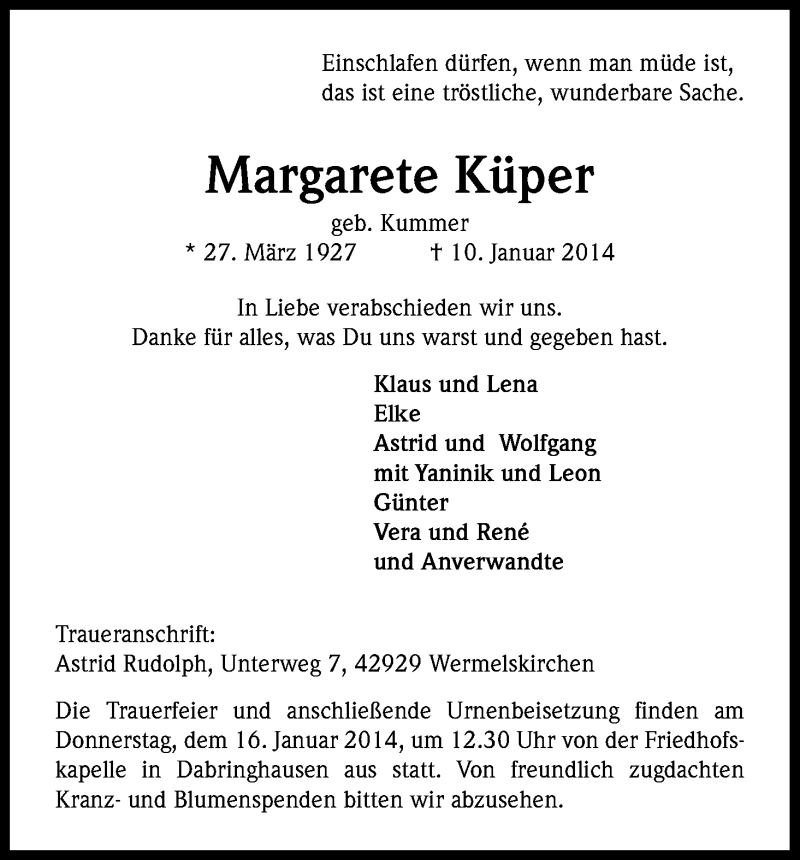  Traueranzeige für Margarete Küper vom 13.01.2014 aus Kölner Stadt-Anzeiger / Kölnische Rundschau / Express