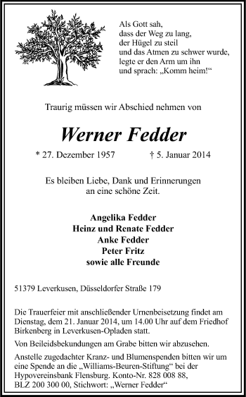Anzeige von Werner Fedder von Kölner Stadt-Anzeiger / Kölnische Rundschau / Express