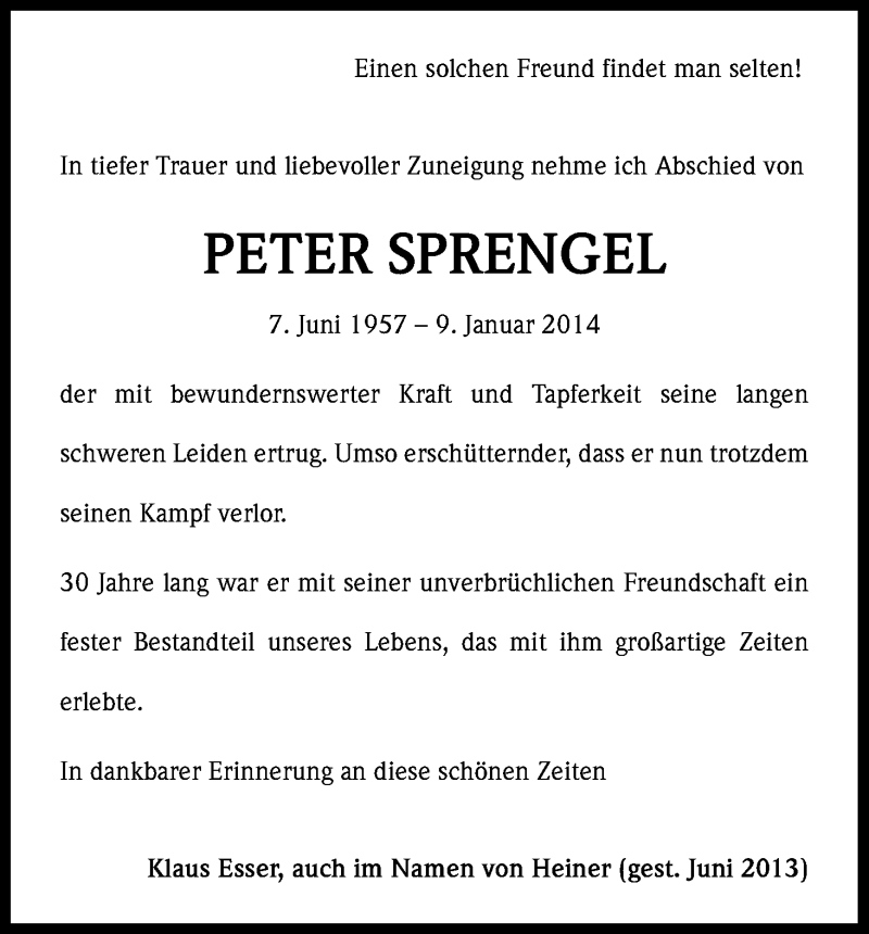  Traueranzeige für Peter Sprengel vom 15.01.2014 aus Kölner Stadt-Anzeiger / Kölnische Rundschau / Express