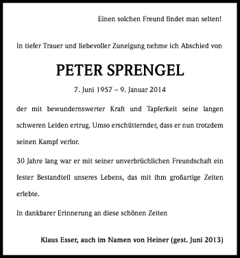 Anzeige von Peter Sprengel von Kölner Stadt-Anzeiger / Kölnische Rundschau / Express