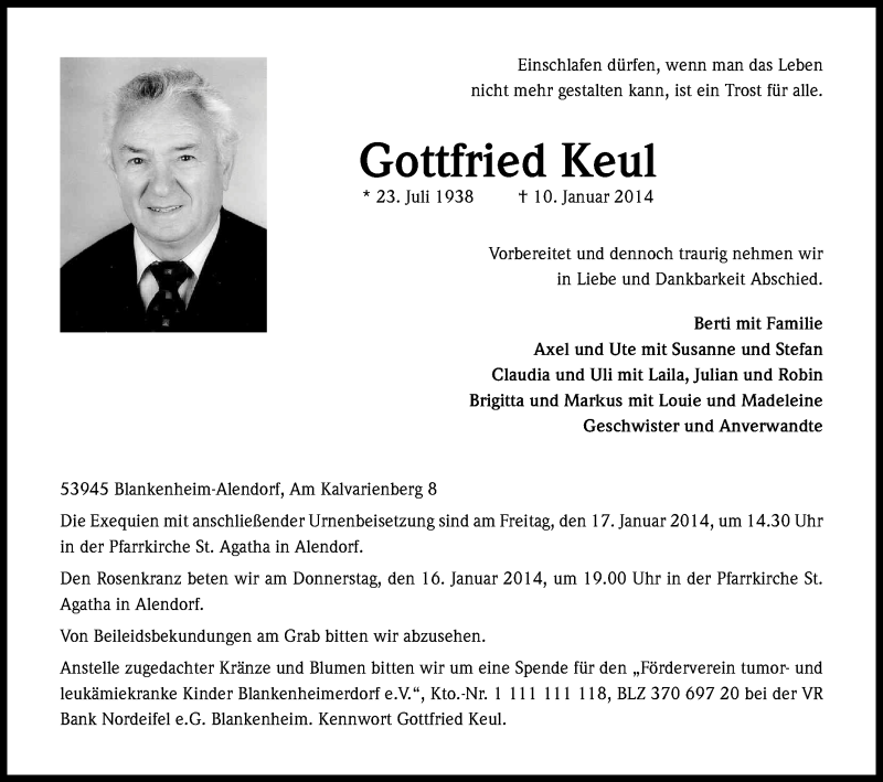  Traueranzeige für Gottfried Keul vom 13.01.2014 aus Kölner Stadt-Anzeiger / Kölnische Rundschau / Express