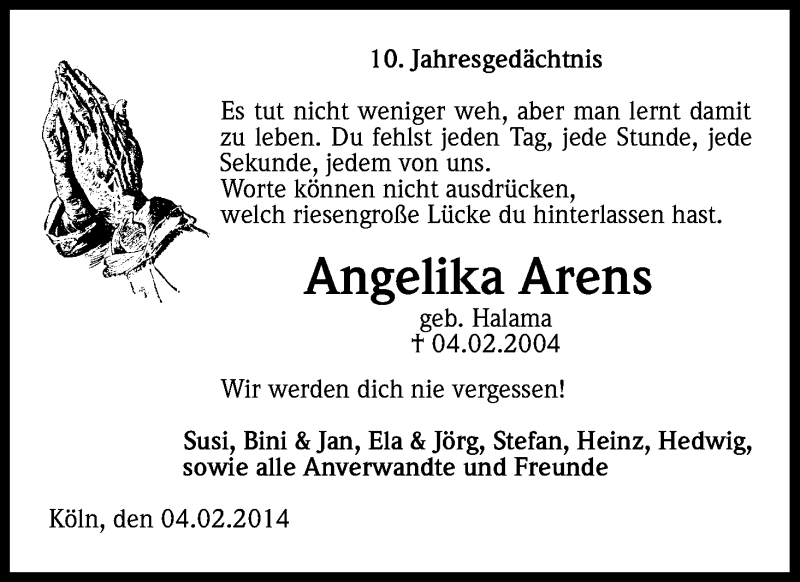  Traueranzeige für Angelika Arens vom 04.02.2014 aus Kölner Stadt-Anzeiger / Kölnische Rundschau / Express