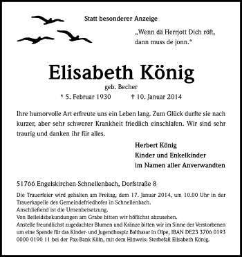 Anzeige von Elisabeth König von Kölner Stadt-Anzeiger / Kölnische Rundschau / Express