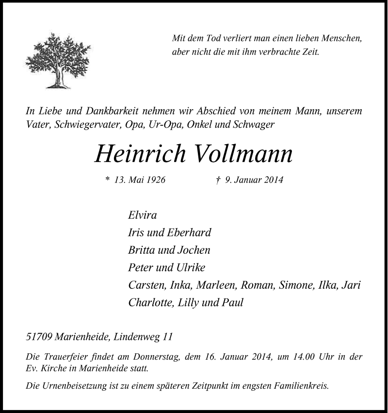  Traueranzeige für Heinrich Vollmann vom 14.01.2014 aus Kölner Stadt-Anzeiger / Kölnische Rundschau / Express